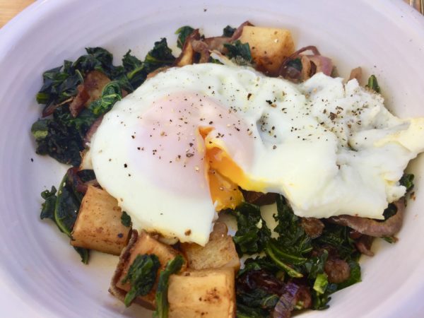 egg on potato kale onion