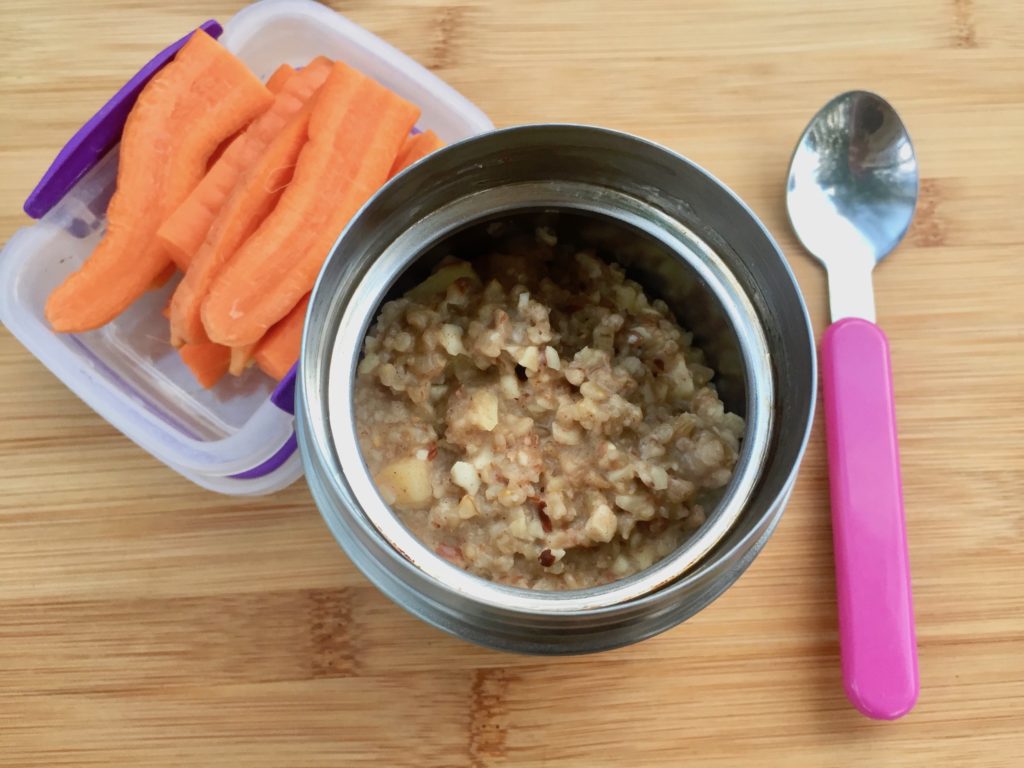 Hot lunch Apple Cinnamon Walnut Oatmeal with carrot sticks