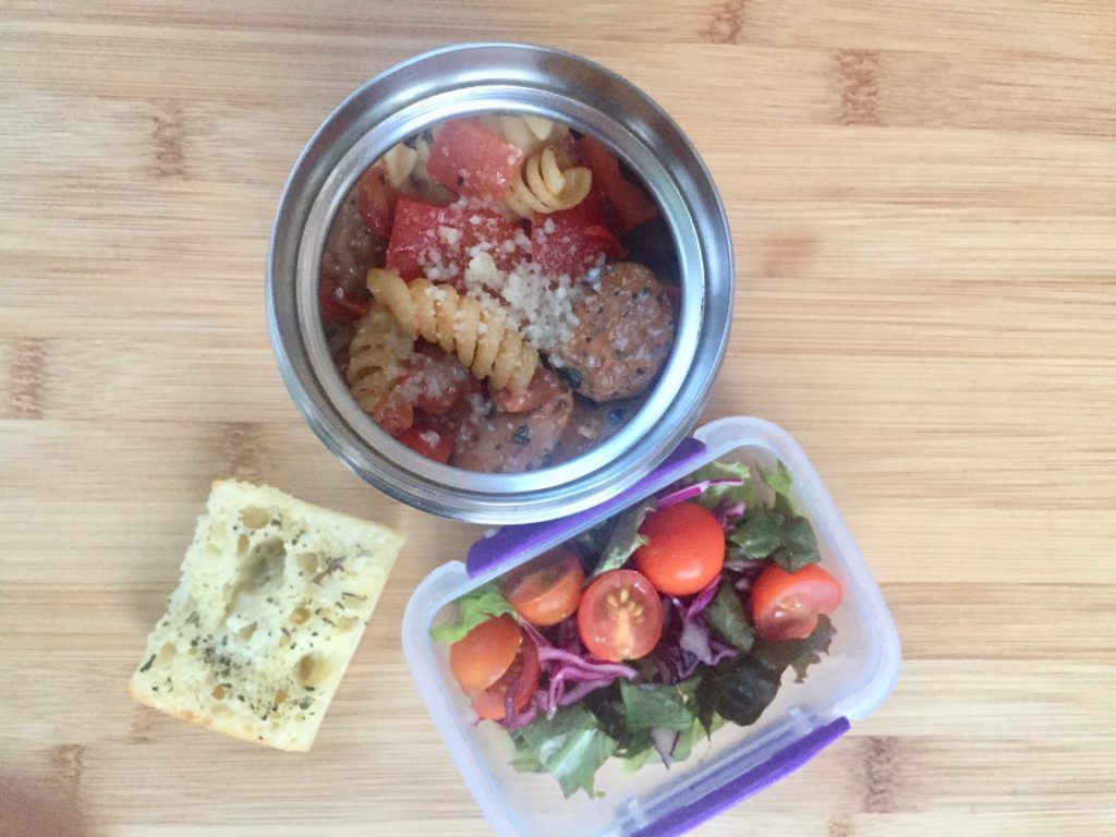 Hot lunch Pasta with salad and garlic bread