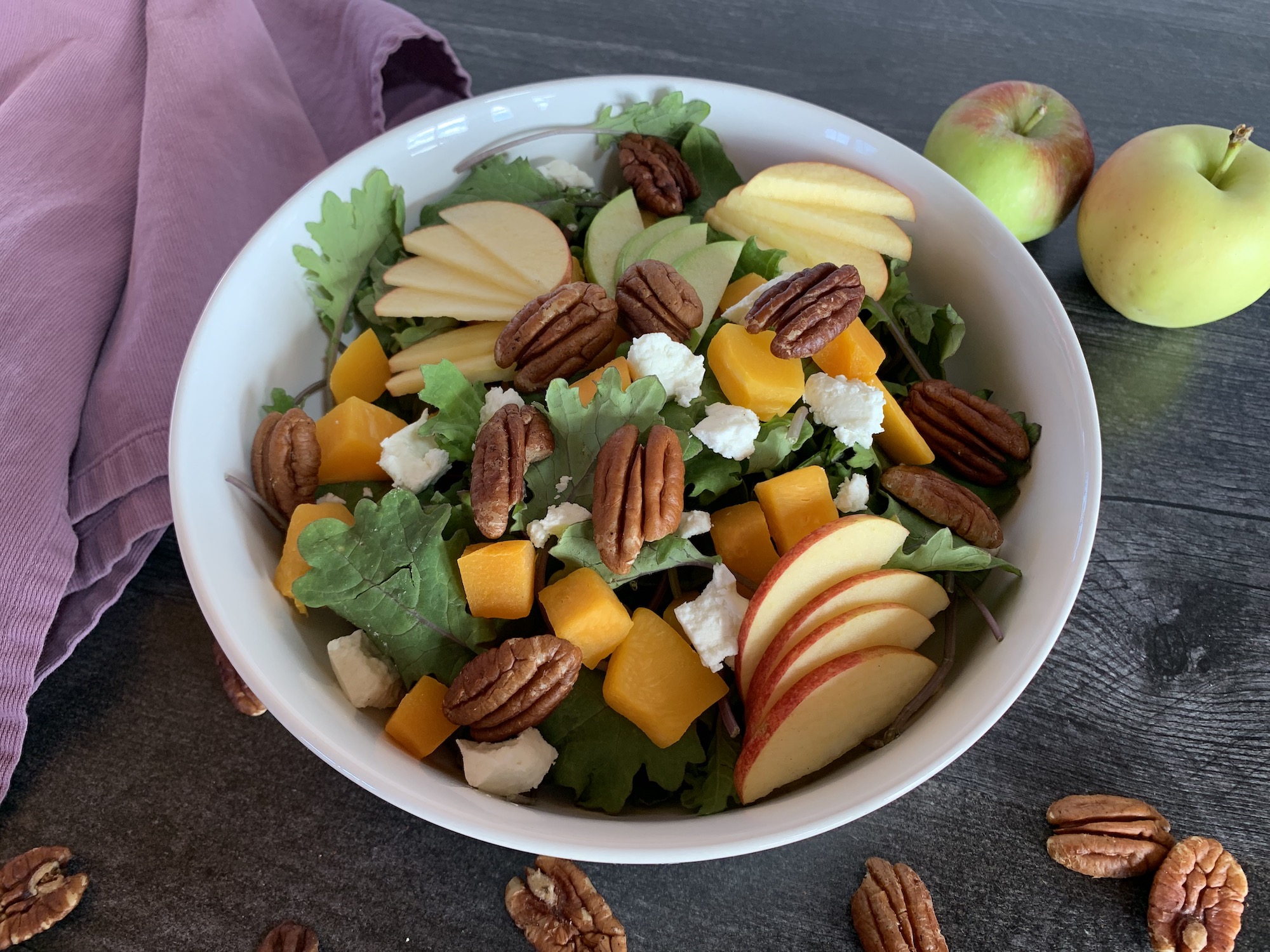 butternut apple kale salad maple apple dressing fall salad autumn salad kid-friendly veggies